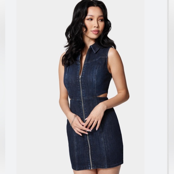 bebe Dresses & Skirts - Bebe front zip side cut out denim dress